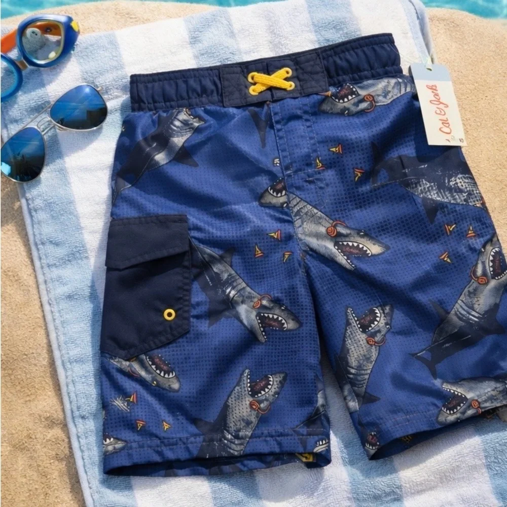 Cat & Jack Boys Shark Swim Trunks S (6/7) Blue NWT